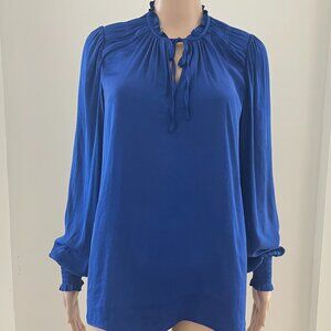 Maison d' Amelie Women's Size M Blue Ruffled Neck Smocked Balloon Sleeve Top